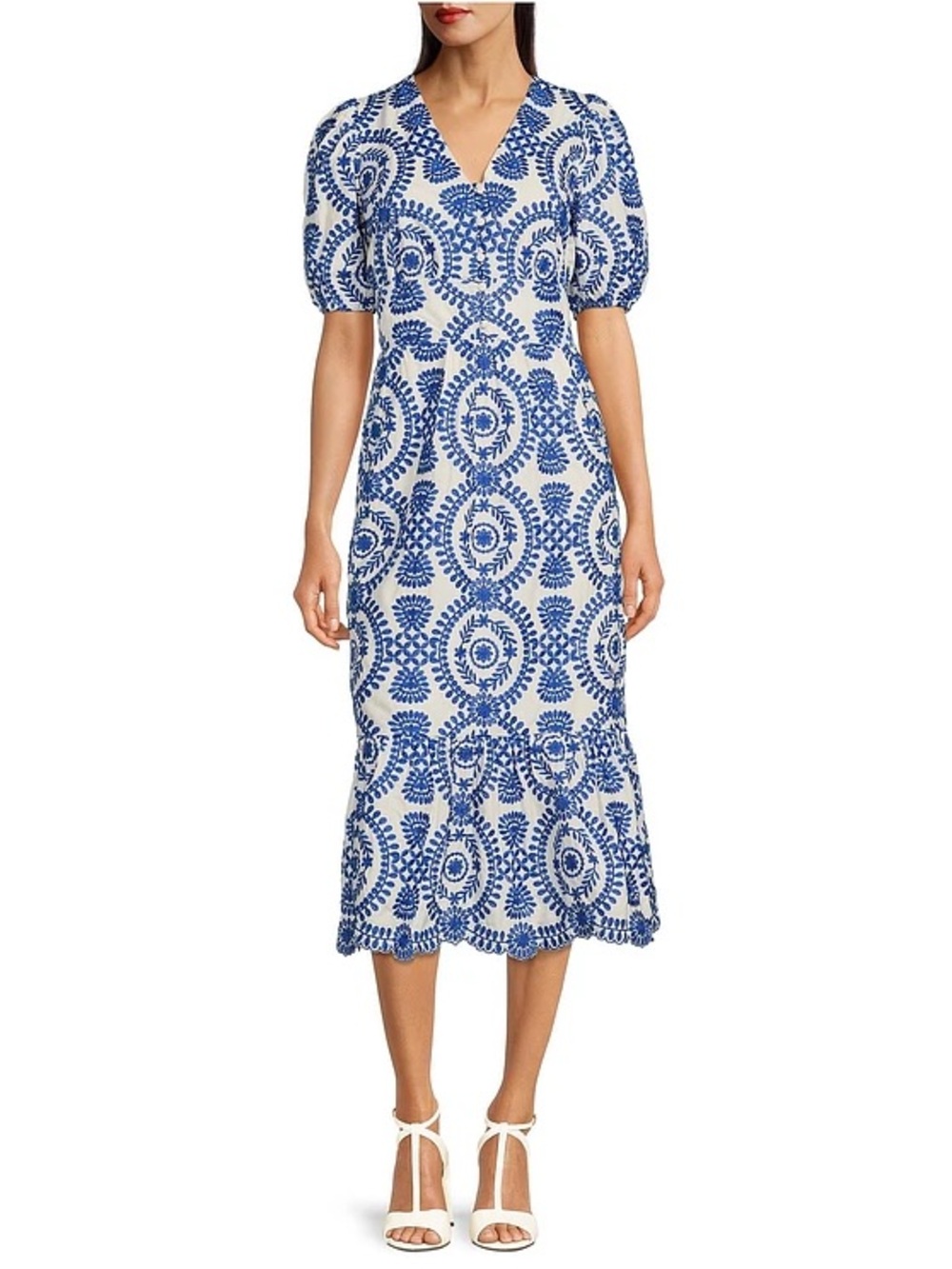 Adelyn Rae Eyelet Embroidered Puff Sleeve V Neck MIDI Dress